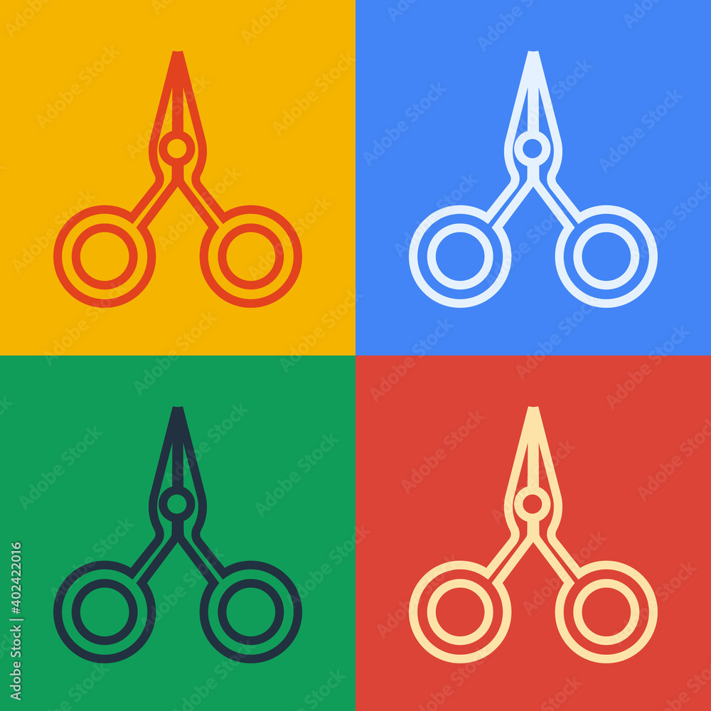 Pop art line Scissors icon isolated on color background. Cutting tool sign. Vector Illustration.