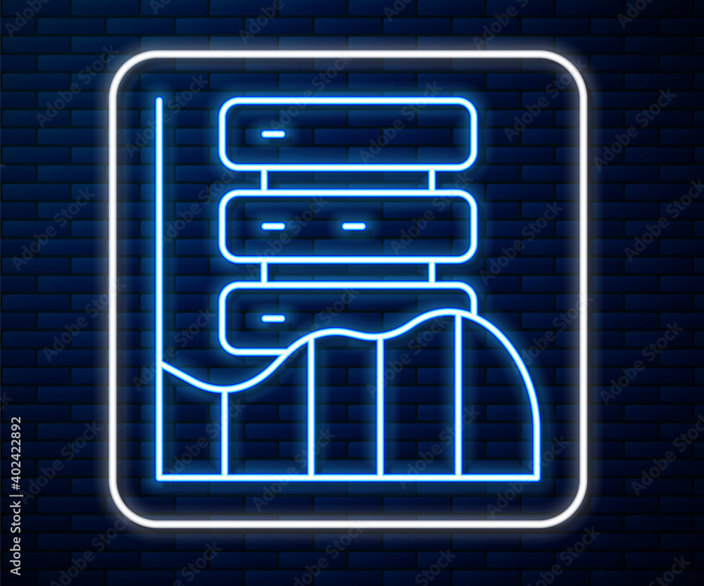 Glowing neon line Server, Data, Web Hosting icon isolated on brick wall background. Vector.