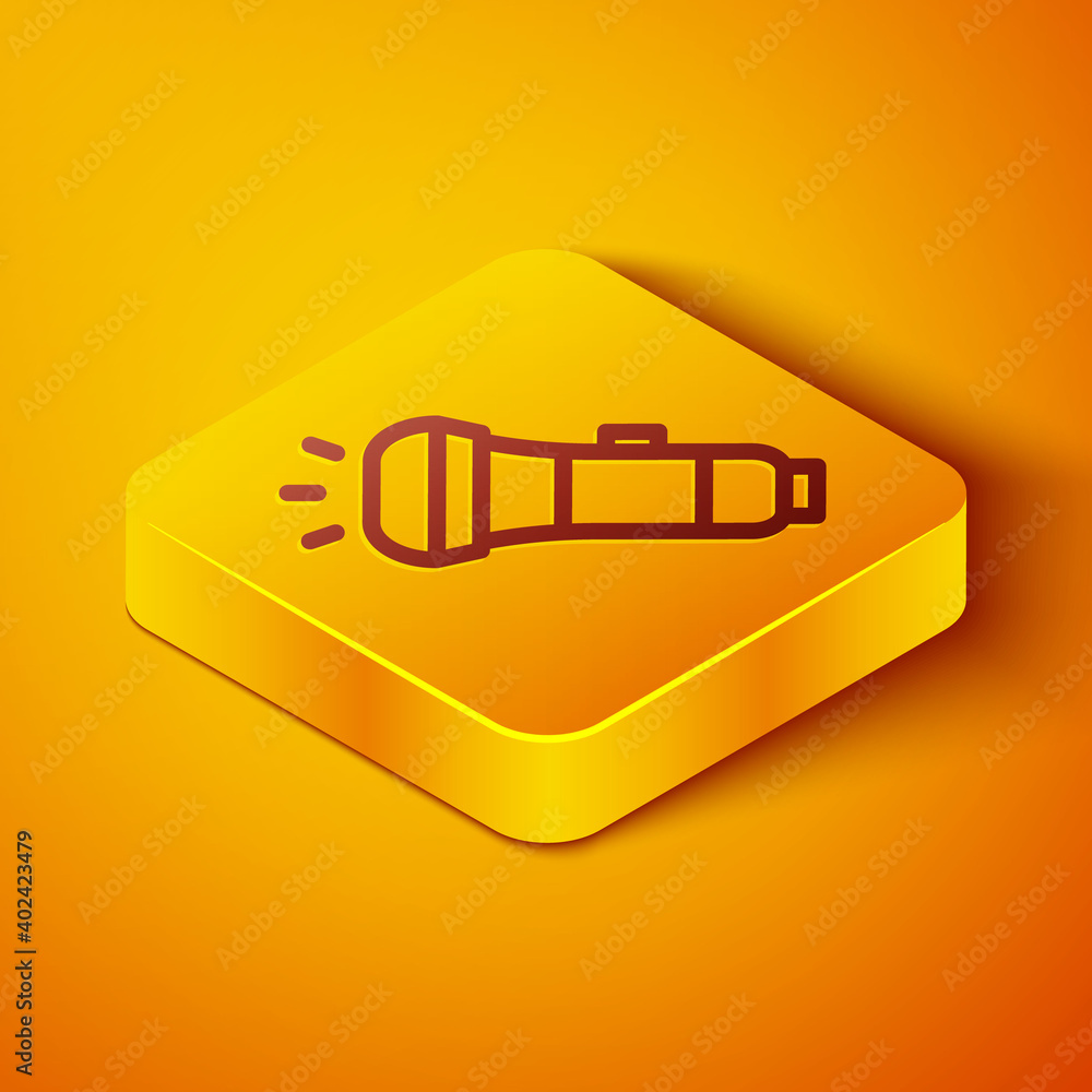 Isometric line Flashlight icon isolated on orange background. Yellow square button. Vector.