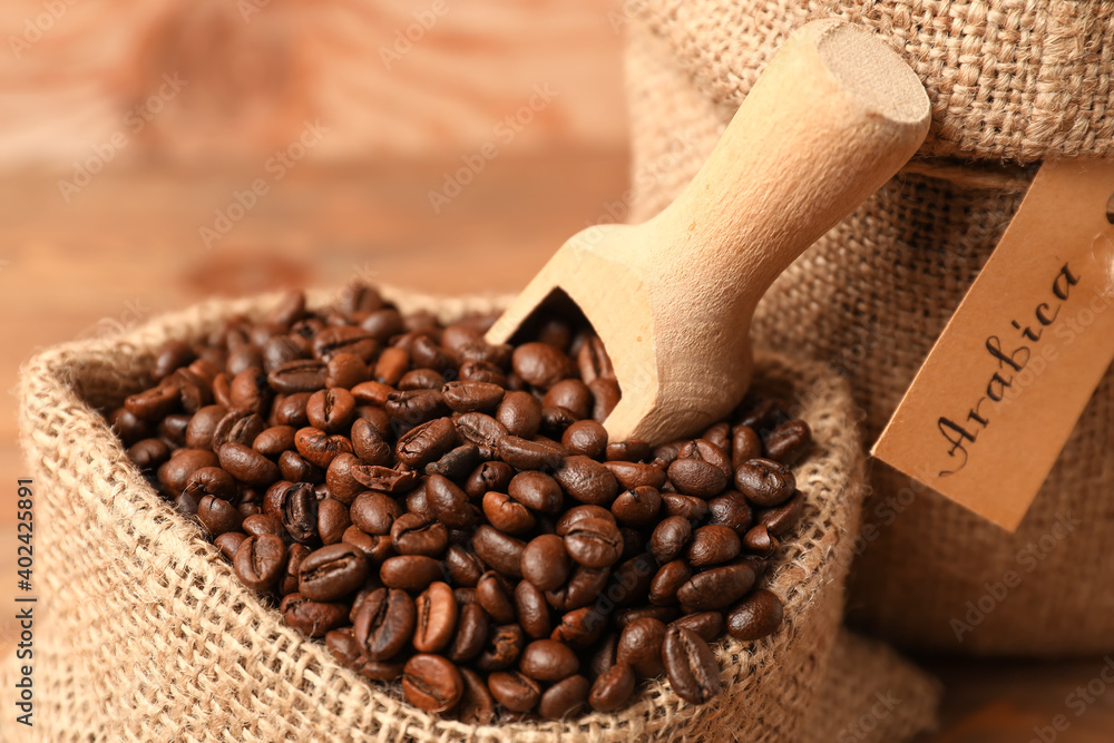 Bags with coffee beans and scoop on wooden background