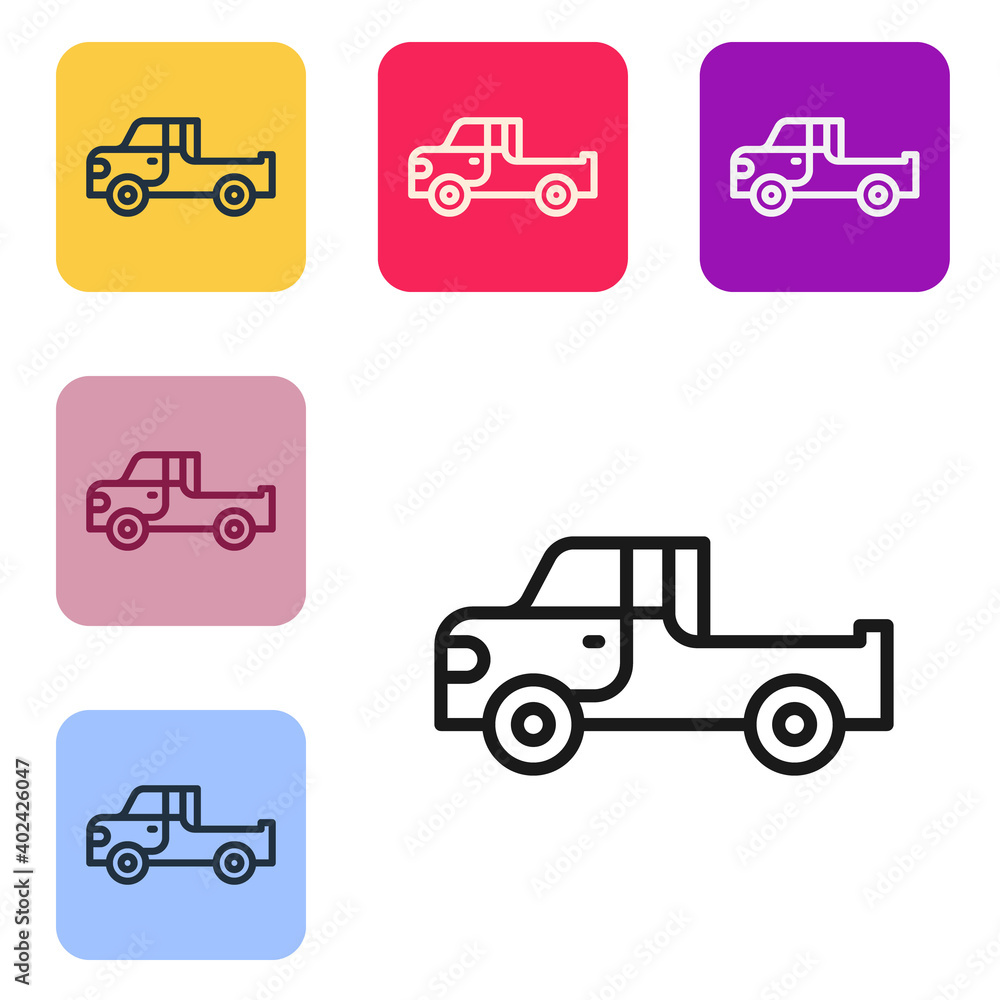 Black line Pickup truck icon isolated on white background. Set icons in color square buttons. Vector