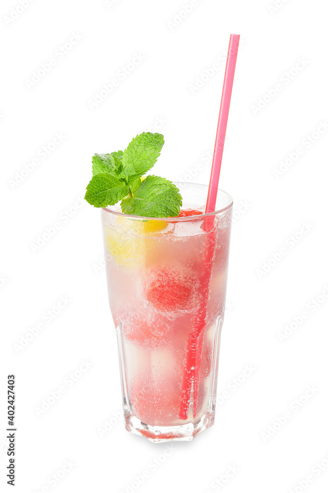 Glass of tasty watermelon cocktail on white background