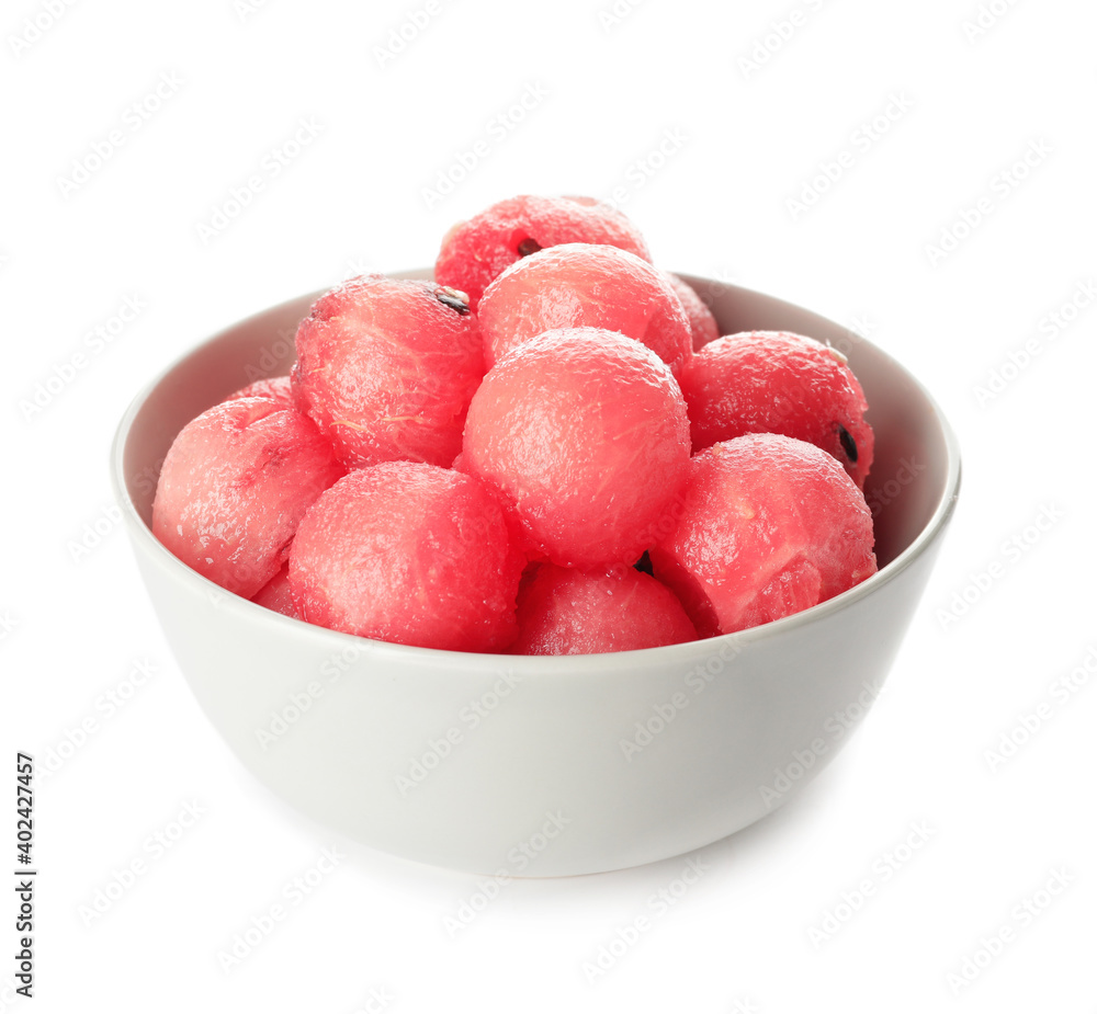 Bowl with tasty watermelon balls on white background