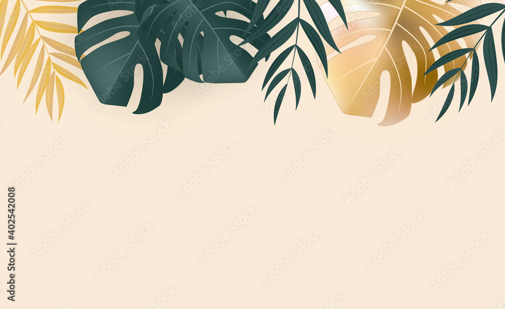 Natural Realistic Green and Gold Palm Leaf Tropical Background. Vector illustration EPS10