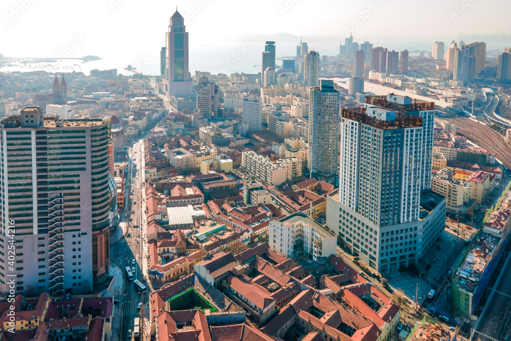 Aerial photography of architectural landscape skyline in Qingdao Bay