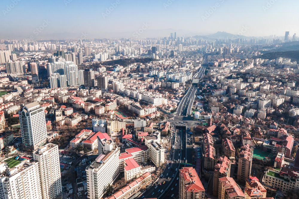 Aerial photography of architectural landscape skyline in Qingdao Bay