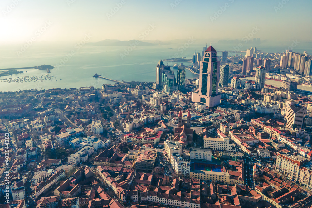 Aerial photography of architectural landscape skyline in Qingdao Bay