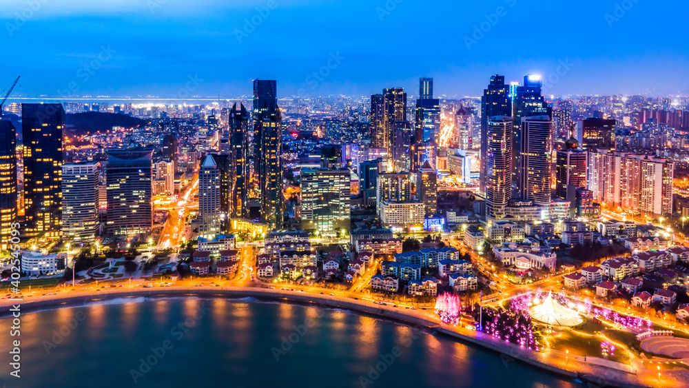 夜间航拍青岛城市景观