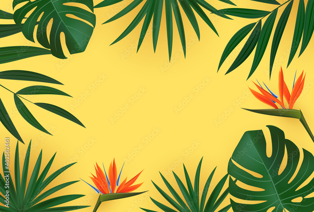 Natural Realistic Green Palm Leaf with Strelitzia Flower Tropical Background. Vector illustration EP