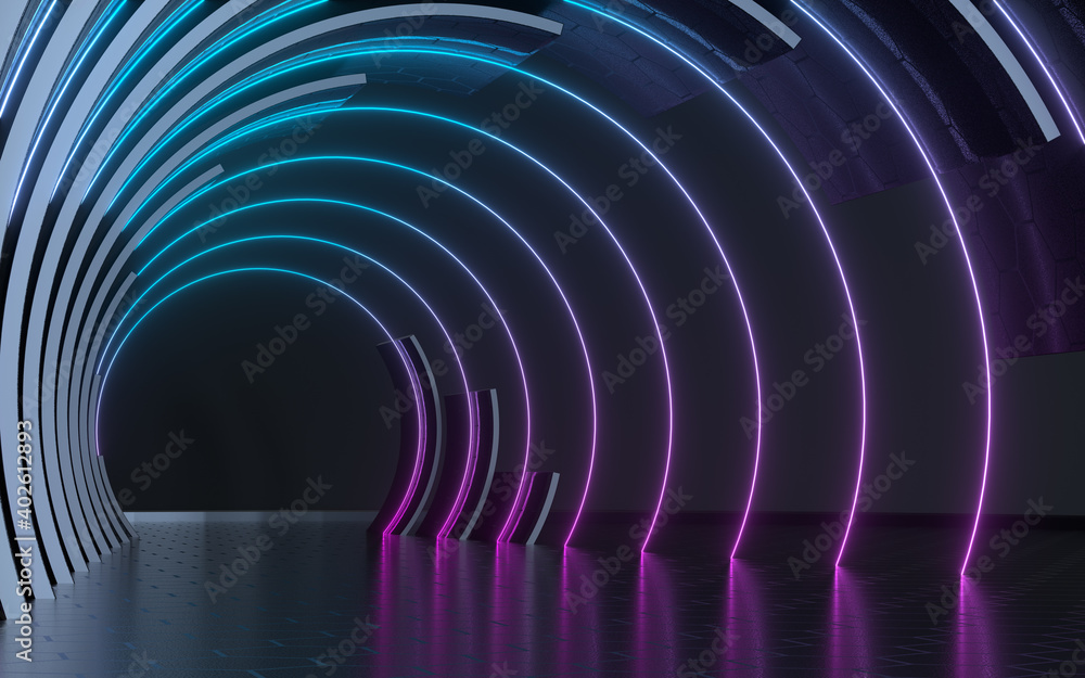 Dark tunnel with neon glowing lines, 3d rendering.