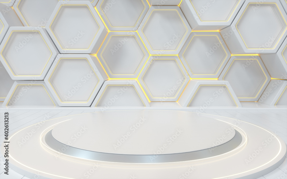 Empty round stage with hexagon geometric background, 3d rendering.