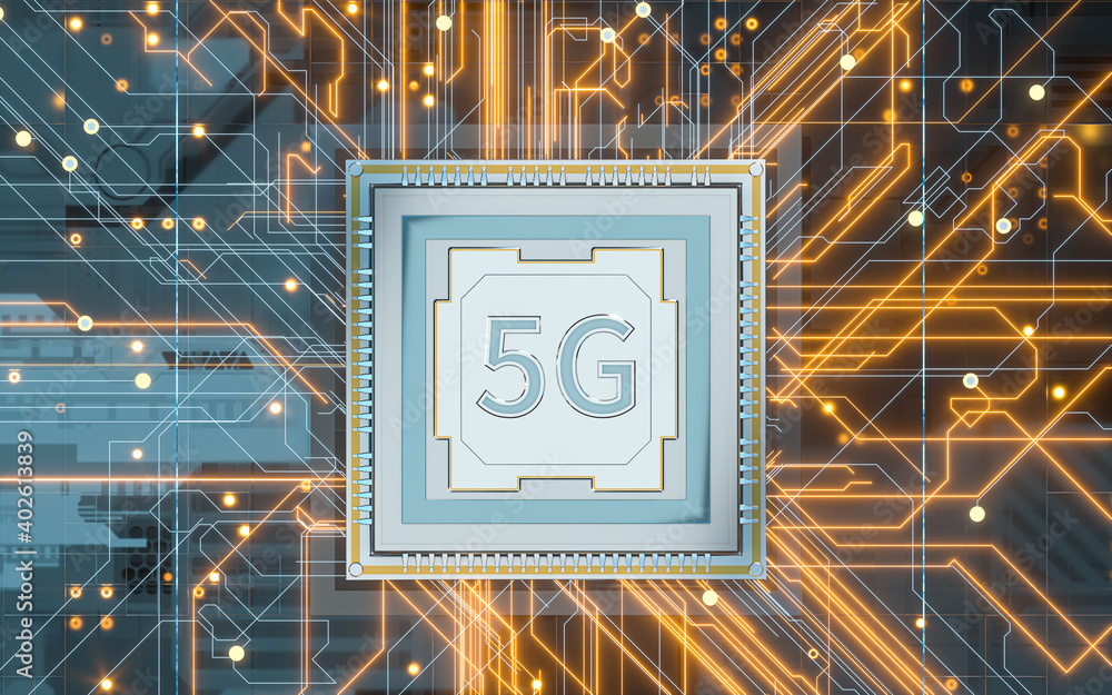 Circuit board with 5g big data concept, 3d rendering.