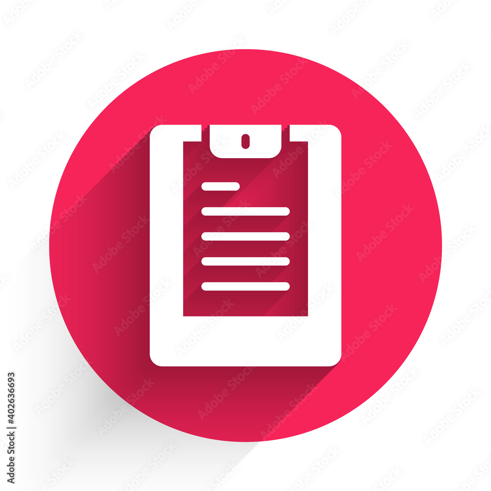 White Server, Data report icon isolated with long shadow background. Red circle button. Vector.