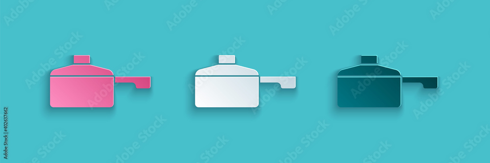 Paper cut Frying pan icon isolated on blue background. Fry or roast food symbol. Paper art style. Ve