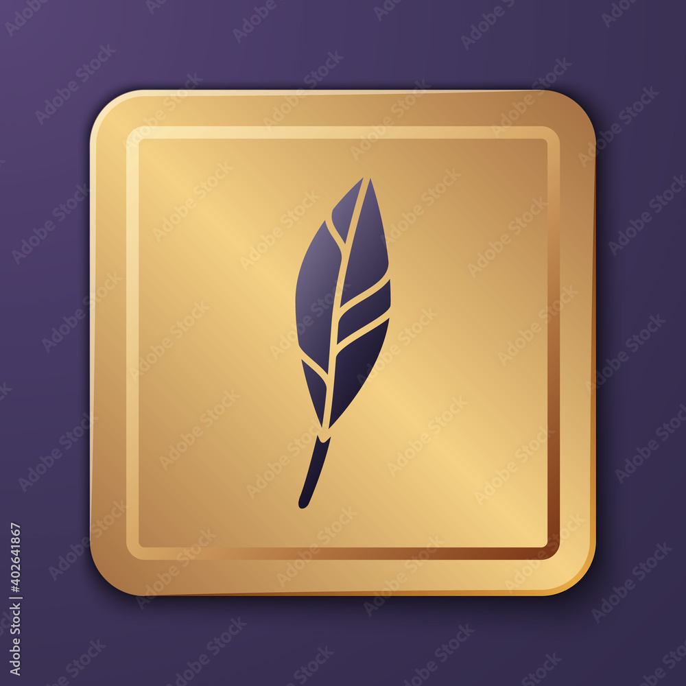 Purple Magic feather icon isolated on purple background. Gold square button. Vector.