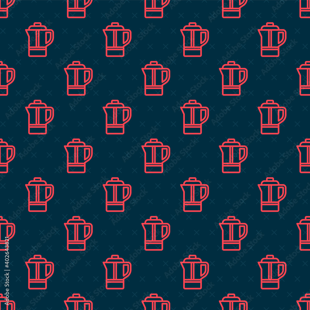 Red line Teapot icon isolated seamless pattern on black background. Vector.