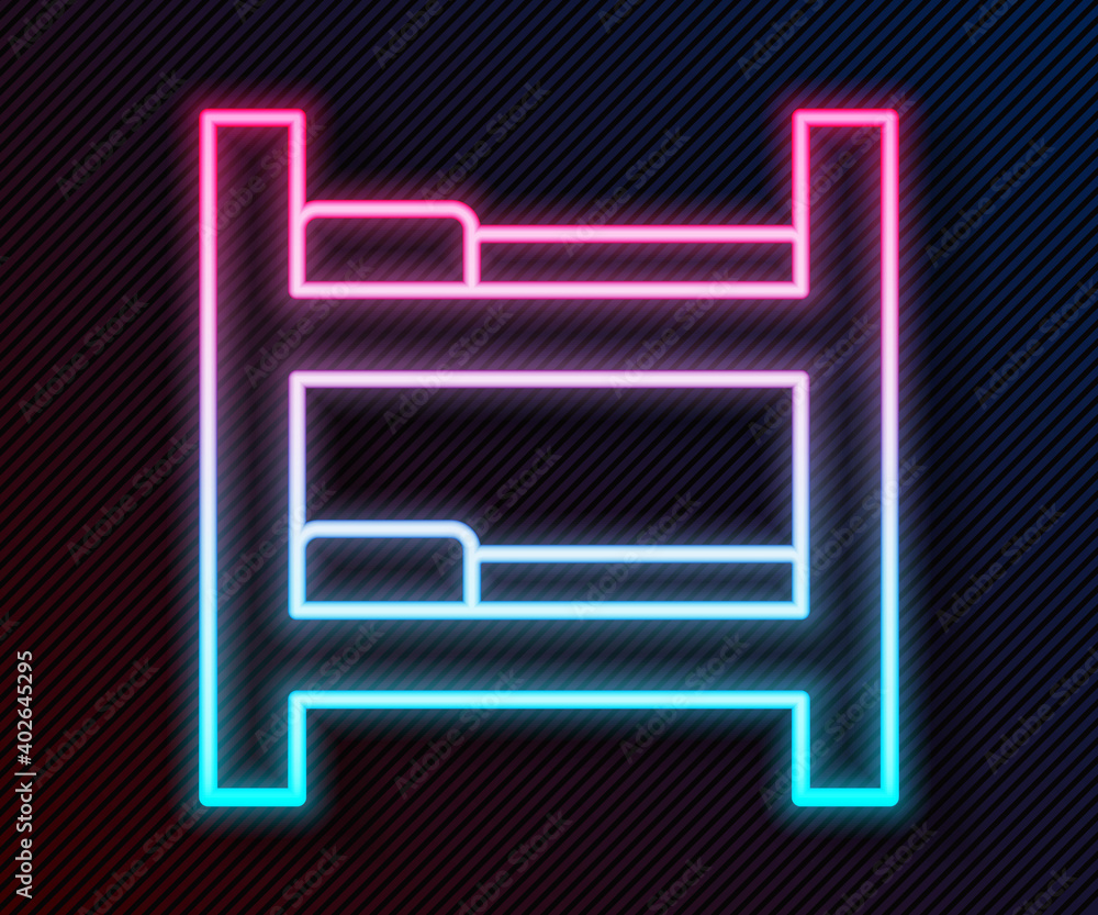 Glowing neon line Hotel room bed icon isolated on black background. Vector.