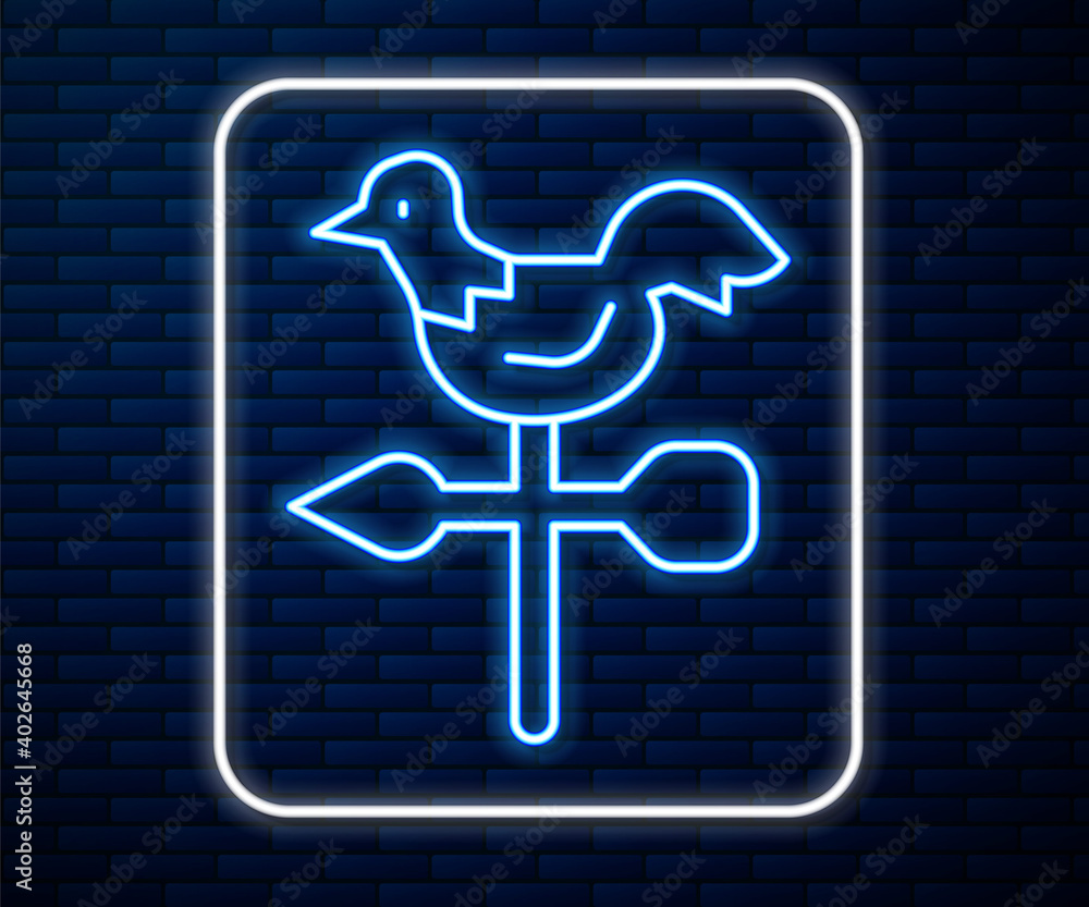 Glowing neon line Rooster weather vane icon isolated on brick wall background. Weathercock sign. Win