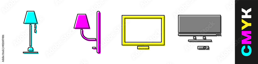 设置落地灯、壁灯、桌子上的相框和智能电视图标。矢量。