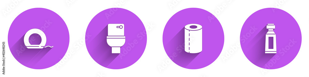 Set Dental floss, Toilet bowl, Paper towel roll and Tube of toothpaste icon with long shadow. Vector