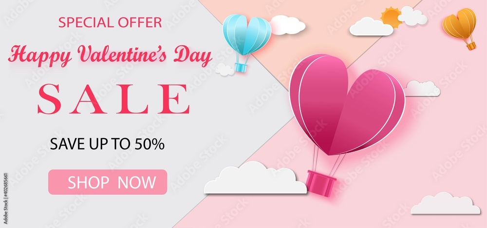 Love and Valentines day sale with Paper art Origami made air balloon heart shape flying. shopping t