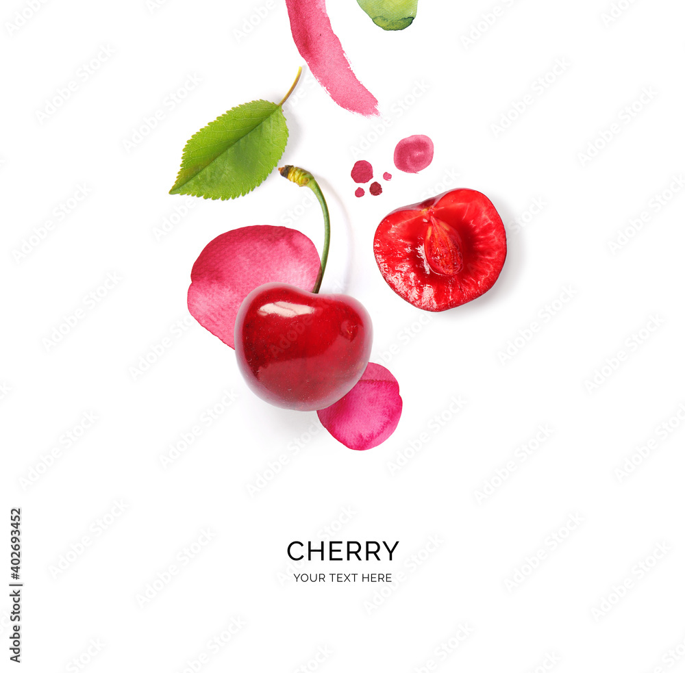 Creative layout made of cherry on the watercolor background. Flat lay. Food concept.