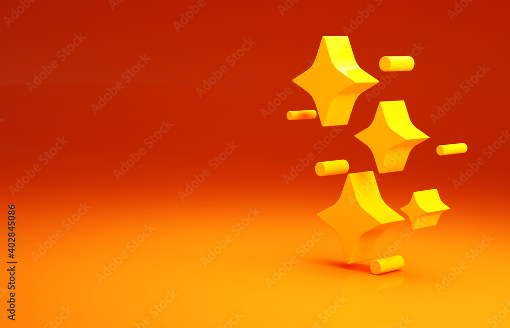 Yellow Sparkle stars with magical glitter particles icon isolated on orange background. Magic christ