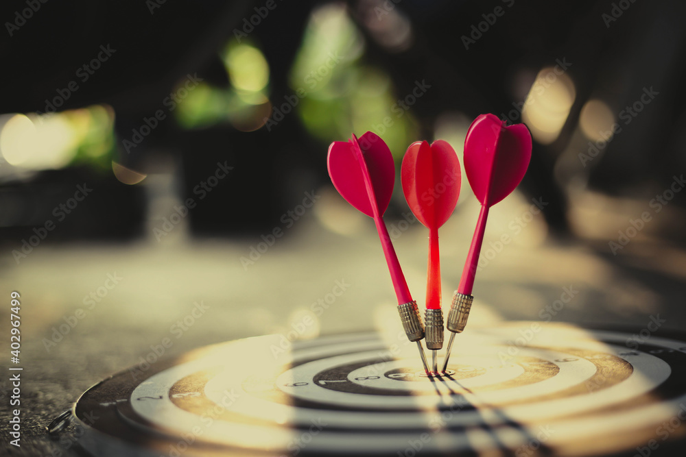 Close up shot of the dart arrow hit on bulleyes of dartboard to represent that the business reached 