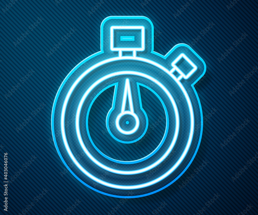 Glowing neon line Stopwatch icon isolated on blue background. Time timer sign. Chronometer sign. Vec