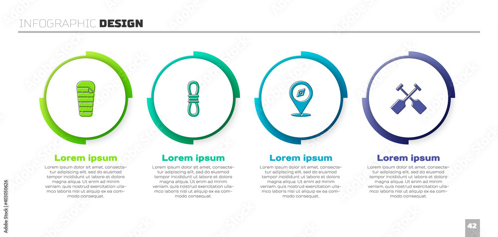 设置睡袋、登山绳、指南针和桨板。商业信息图模板。矢量。