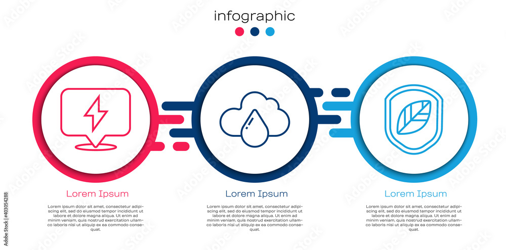 Set line Lightning bolt，Cloud with rain and Shield with leaf。商业信息图模板。Vector