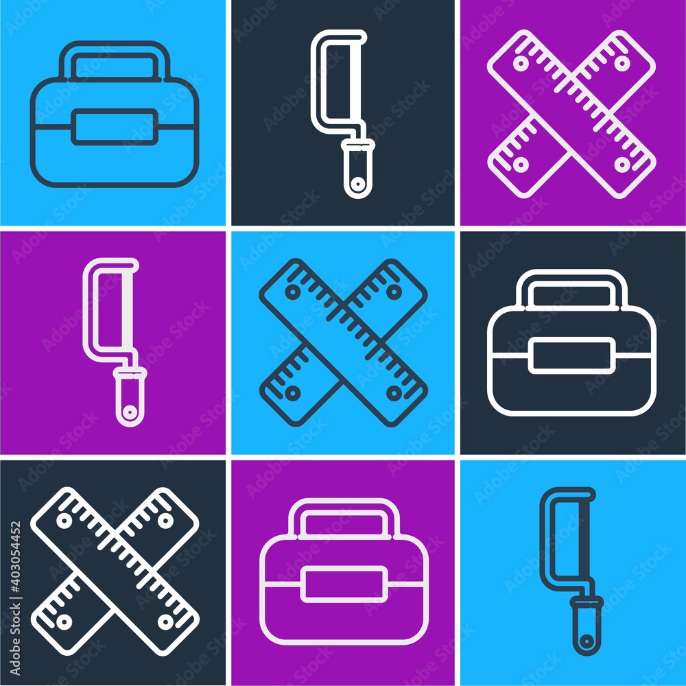 Set line Toolbox, Crossed ruler and Hacksaw icon. Vector.