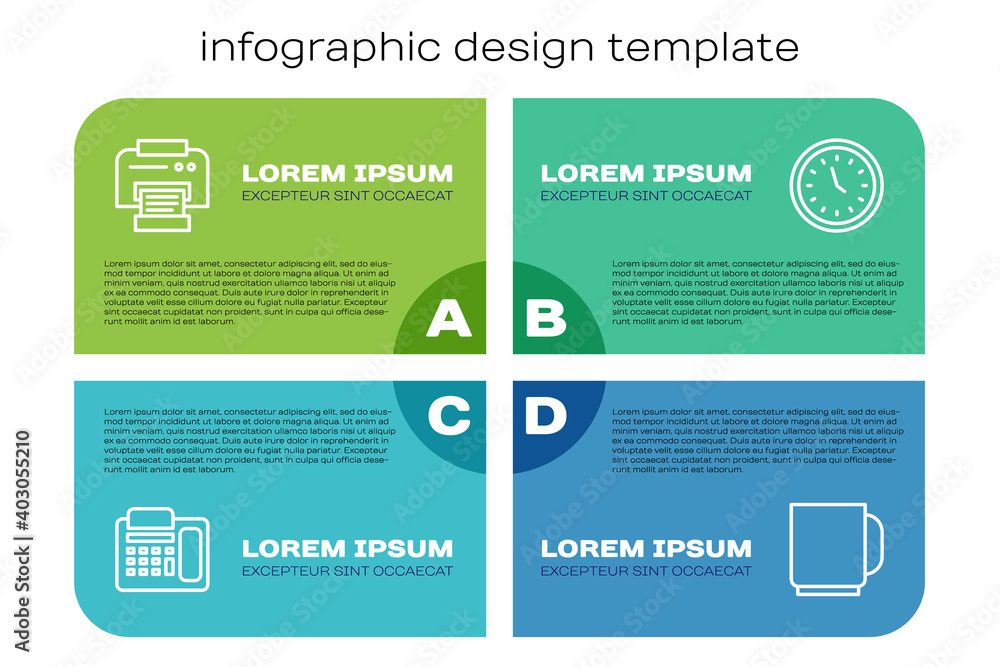 设置电话、打印机、咖啡杯和时钟。业务信息图形模板。矢量。