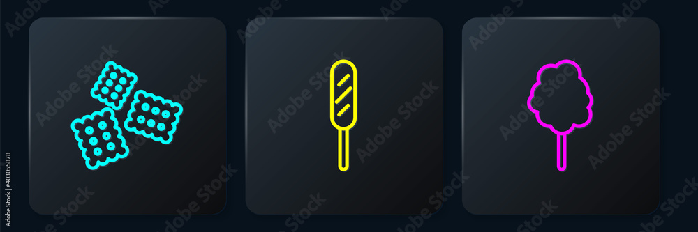 Set line Cracker biscuit, Cotton candy and Corn dog. Black square button. Vector.