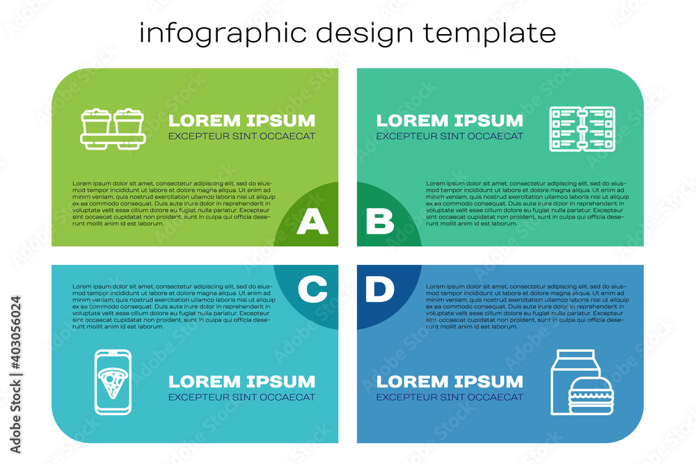 Set line Food ordering pizza, Coffee cup to go, Online and burger delivery and Restaurant cafe menu.