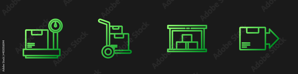 设线仓库，带纸板箱的磅秤，手推车和箱子以及纸箱。渐变色图标。