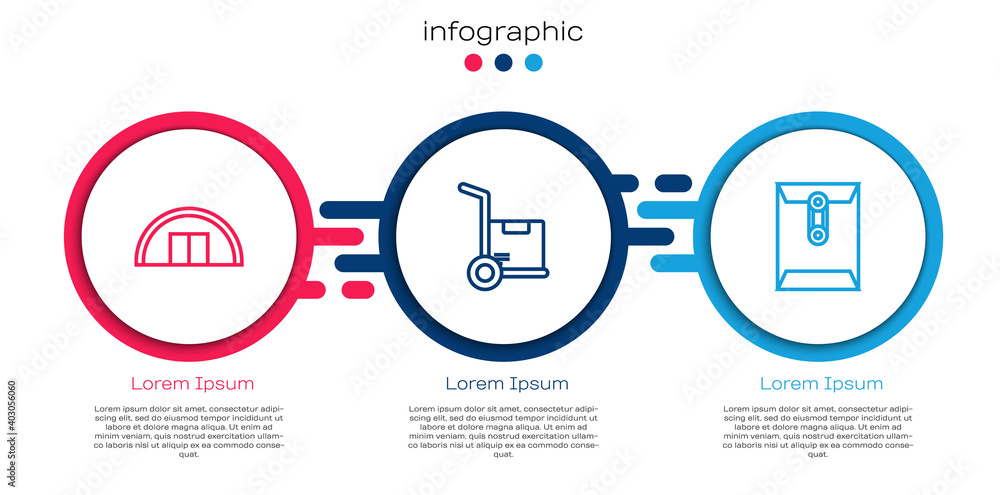设线仓库、手推车、箱子和信封。商业信息图模板。矢量。