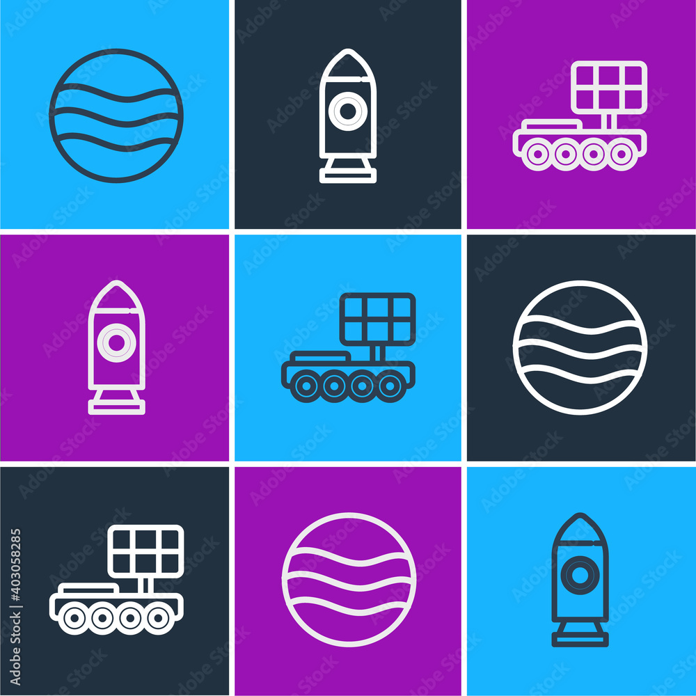 Set line Planet, Mars rover and Rocket ship icon. Vector.