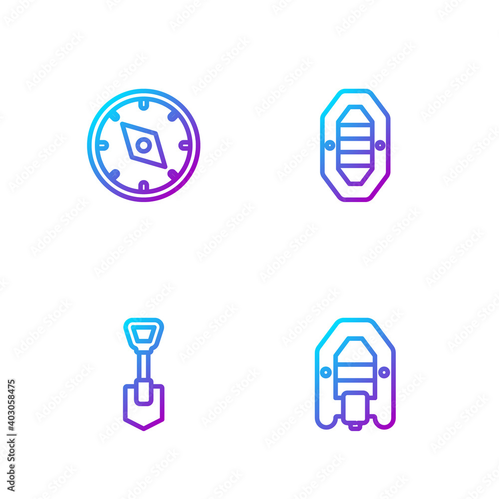 Set line Rafting boat, Shovel, Compass and . Gradient color icons. Vector.