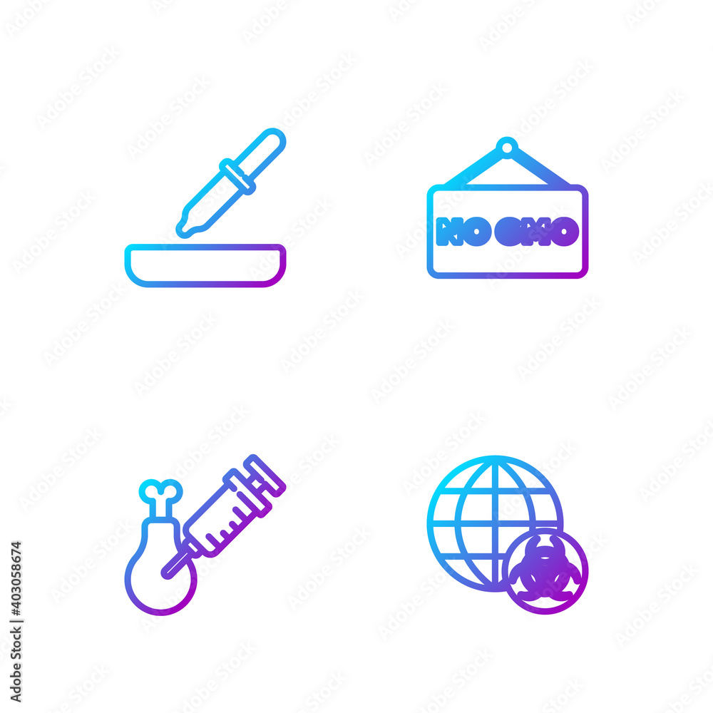 Set line GMO, Gmo research chicken, Pipette and No. Gradient color icons. Vector.