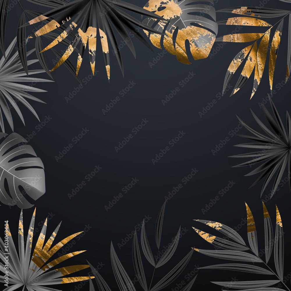 Natural Realistic Black and Gold Palm Leaf Tropical Background. Vector illustration EPS10