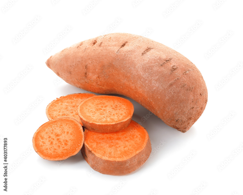 Fresh sweet potatoes on white background