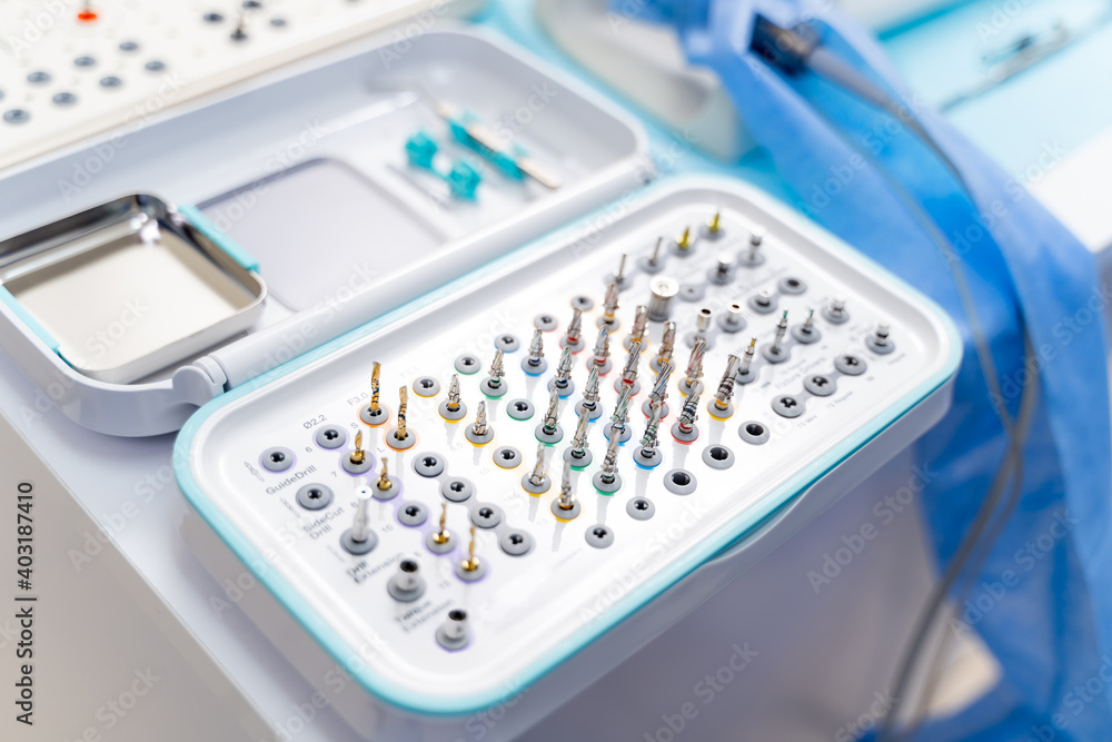 Set of professional instruments in dentists office. Complete modern set of dentist`s drills.