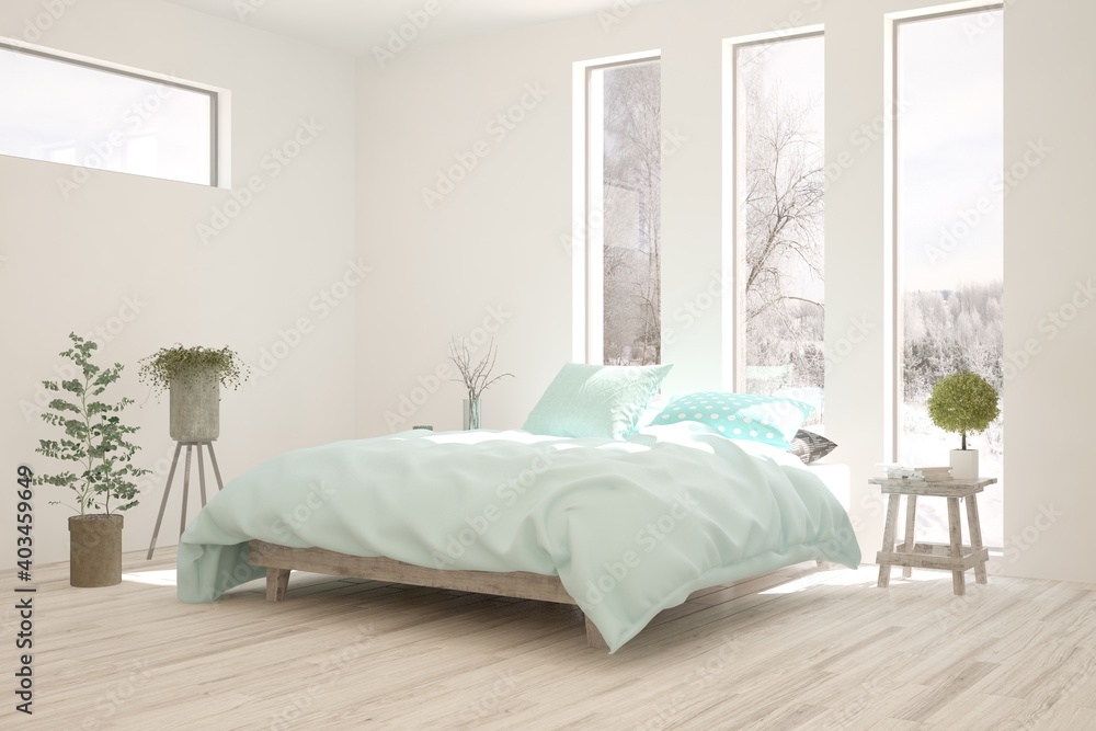 Stylish bedroom in white color with winter landscape in window. Scandinavian interior design. 3D ill