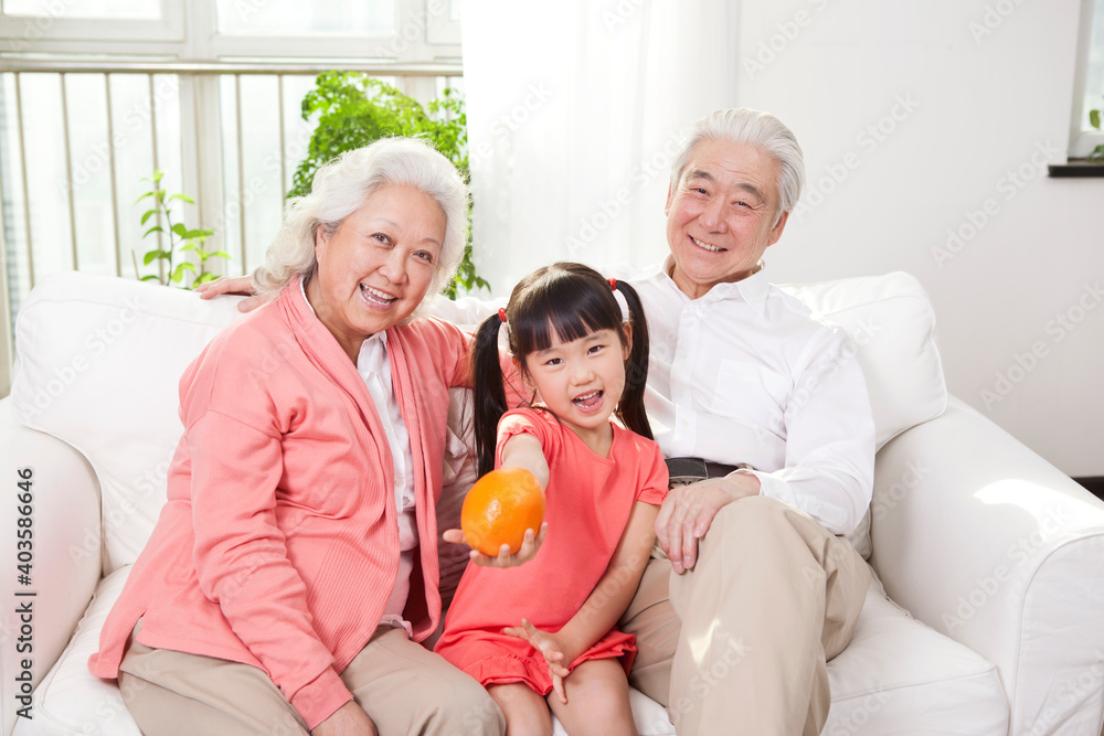 Happy grandparents and grandchildren are playing in the living room