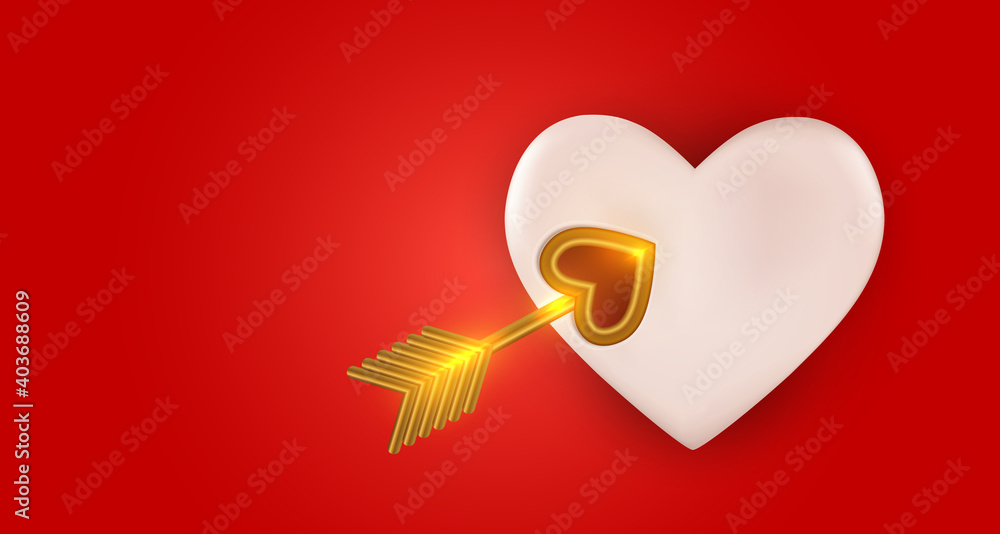 Heart with cupids golden arrow. Realistic 3d design element. Vector Illustration EPS10