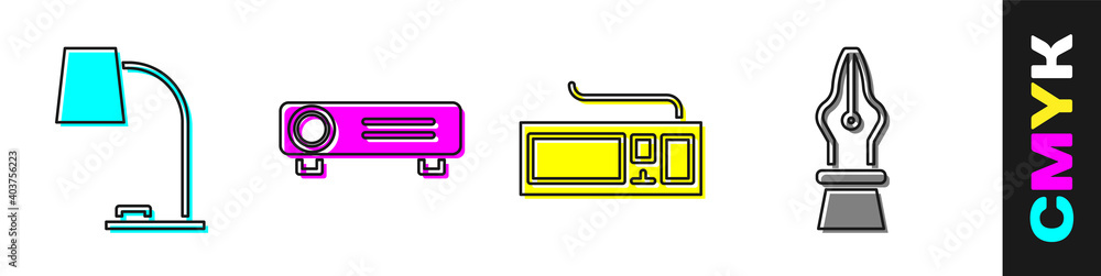 设置台灯、电影、胶片、媒体投影仪、键盘和喷泉笔尖图标。矢量。