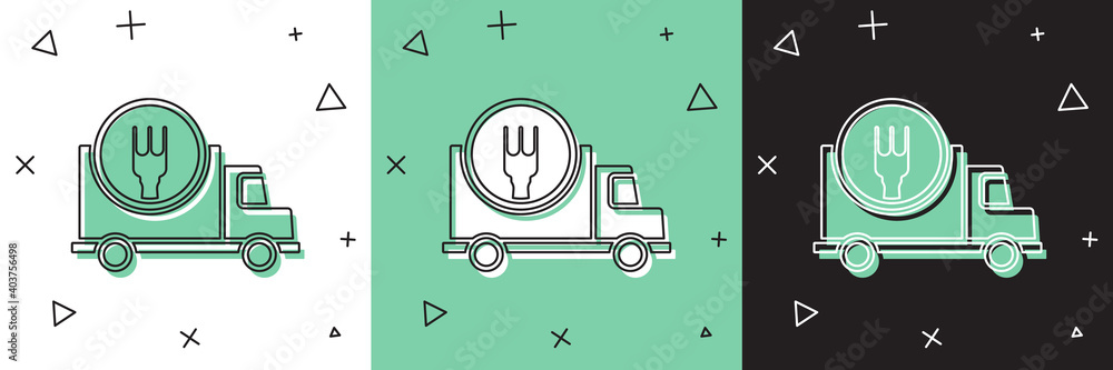 Set Fast round the clock delivery by car icon isolated on white and green, black background. Vector 