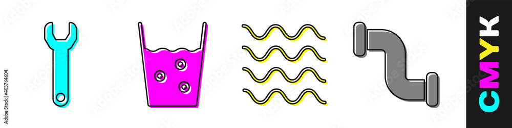 套装扳手，带水玻璃，波浪和工业金属管道图标。矢量。