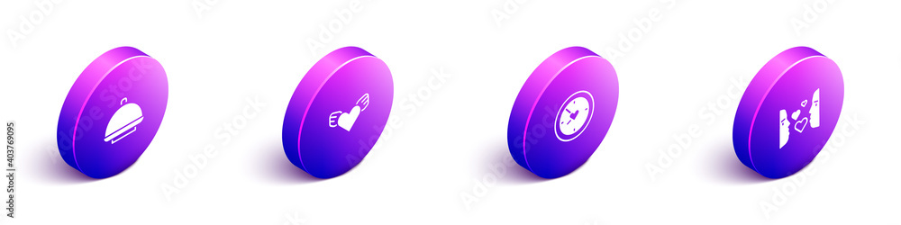 Set Isometric Covered with tray, Heart wings, Clock heart and Love at first sight icon. Vector.